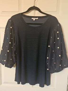 Chico's Navy Pearl-Accent Puff Sleeve Tee
